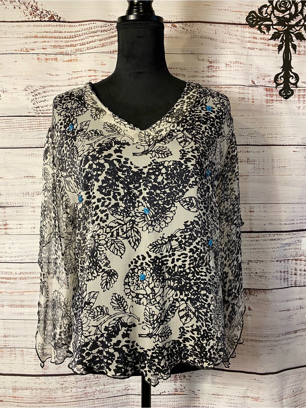 Black & White Silk Sheer Floral V-Neck Women's Blouse with Blue Accents Sz-16